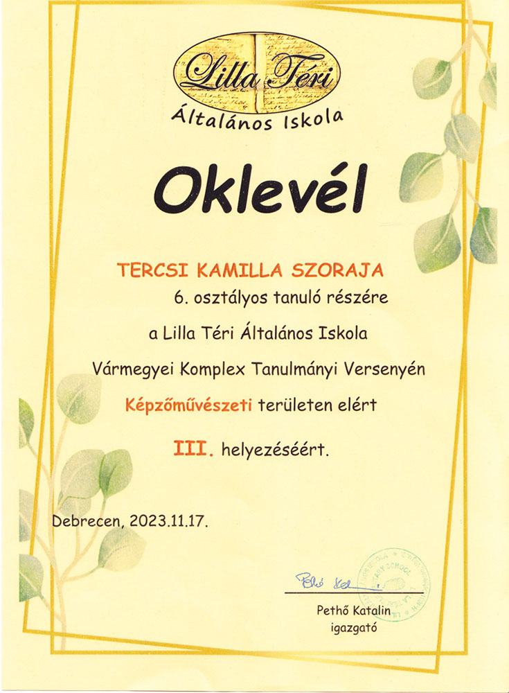 oklevél Tercsi Kamilla